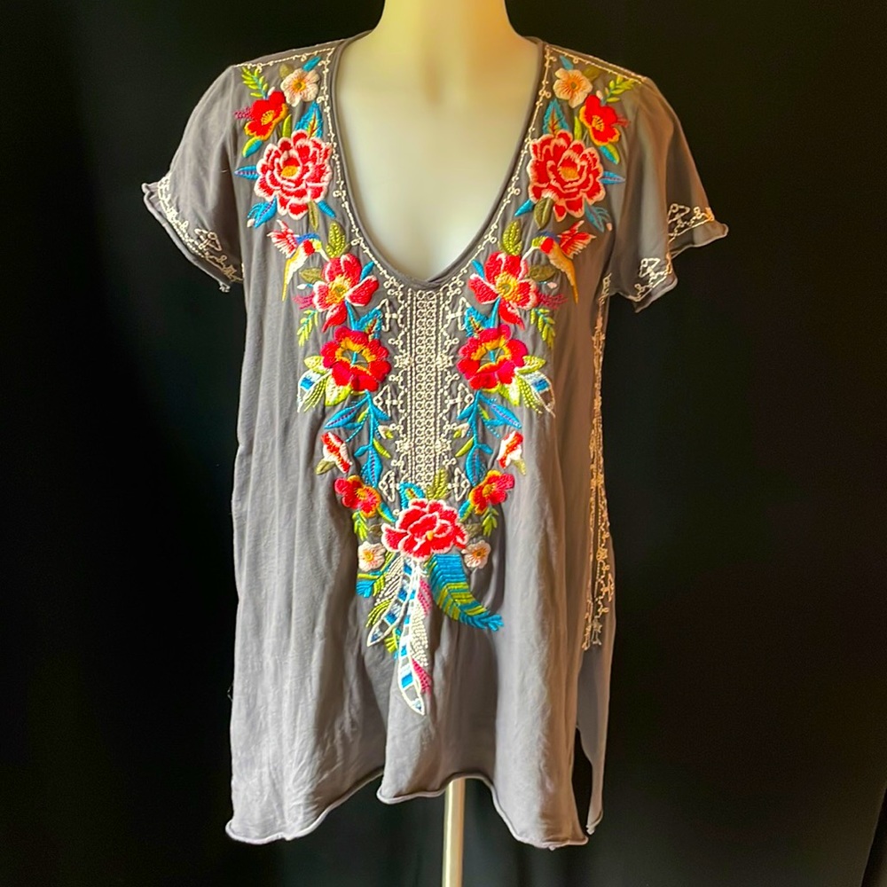V-Neck Johnny Was Embroidered Tee with Slit Sides